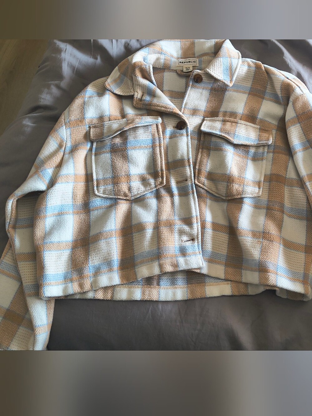 For The Republic Plaid Cropped Shacket - Cream, Tan & Light Bluefor
